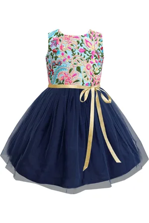 A.T.U.N. A T U N Girls Navy Blue & Turquoise Blue Floral Embroidered Net Dress
