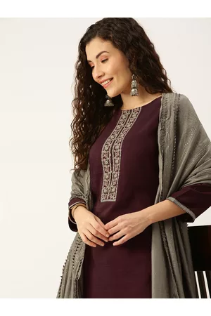 SWAGG INDIA Women Maroon Ethnic Motifs Embroidered Kurta with Trousers & With Dupatta