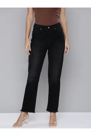 Flying Machine Women Black Straight Fit High-Rise Slash Knee Light Fade Stretchable Jeans