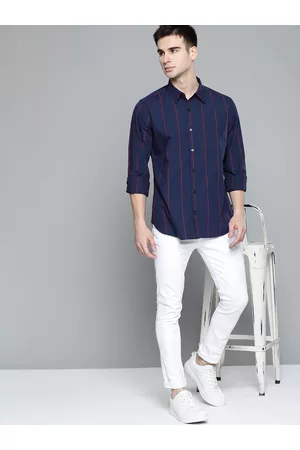 HARVARD Men Navy Blue & Red Pure Cotton Regular Fit Striped Casual Shirt
