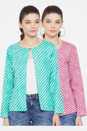 Color Cocktail Women Pink & Green Striped Reversible Tailored Jacket