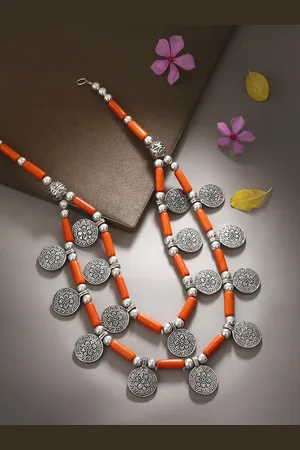 Bamboo Tree Jewels Bamboo Tree Silver-Toned and Orange Handcrafted Necklace