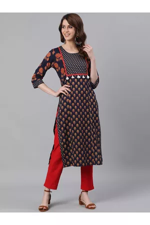 Jaipur Women Navy Blue & Red Printed Kurta with Trousers