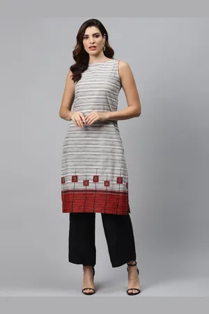 Biba Women Off-White & Charcoal Grey Striped Straight Kurta