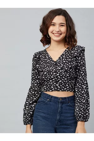 Rare Fashion Women Black Floral Printed Bishop Sleeves Crepe Regular Crop Top