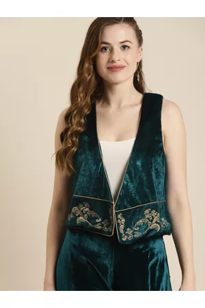 Sassafras Women Teal Velvet Embellished Waistcoat