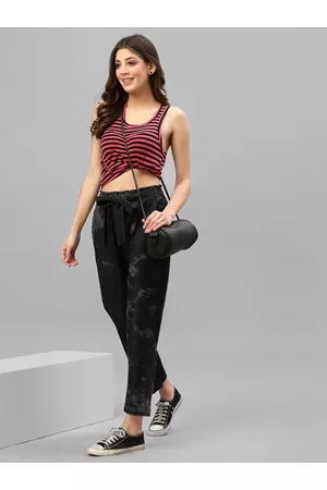 KASSUALLY Women Black Paper Bag Belted Tie Dye Straight Fit Jeans
