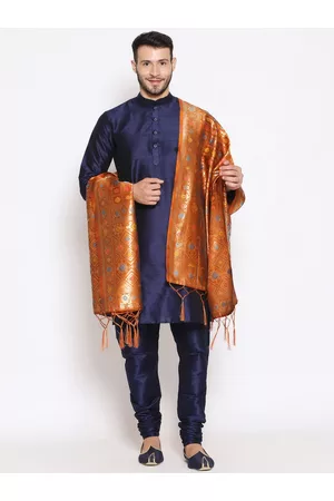 Bazaar Men Dupattas - Men Rust & Blue Ethnic Motifs Woven Design Banarasi Silk Dupatta with Zari