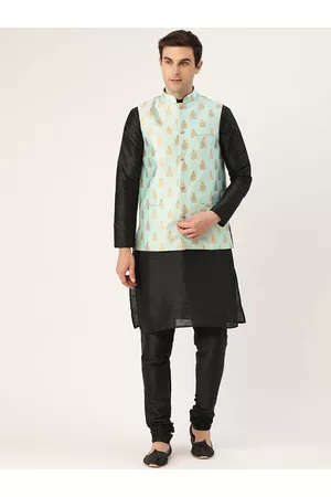 SOJANYA Men Black & Sea Green Solid Kurta with Churidar & Nehru Jacket