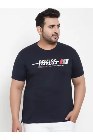 Pluss Men Navy Blue Printed Round Neck Pure Cotton T-shirt