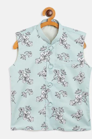 YK Boys Green & White Floral Printed Woven Nehru Jacket
