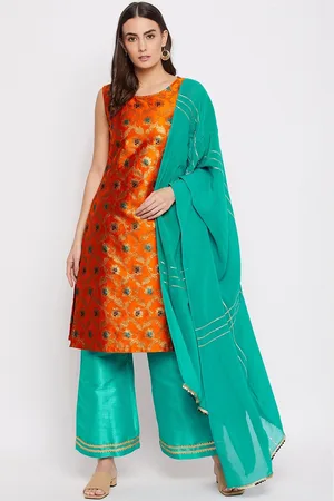 Bitterlime Women Orange Floral Panelled Gotta Patti Kurta & Palazzos With Dupatta