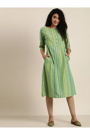 Taavi Women Teal Blue & Green Striped Woven Legacy A-Line Dress with Pockets