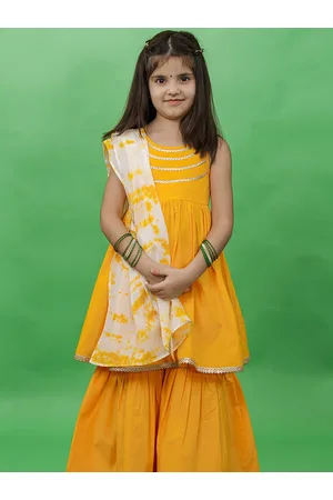 Tiber Taber Girls Yellow Pleated Sequinned Pure Cotton Kurti with Sharara & With Dupatta
