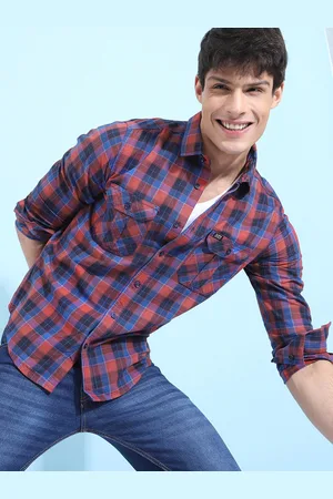 The Indian Garage Co Men Rust Brown & Navy Blue Slim Fit Checked Casual Shirt