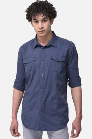 Woodland Men Navy Blue Pure Cotton Casual Shirt