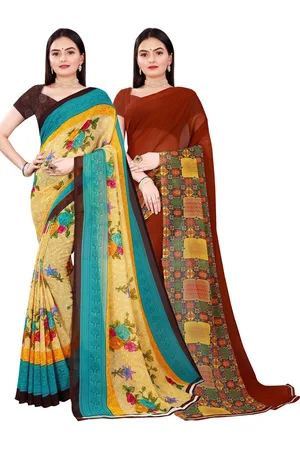 Florence Pack Of 2 Beige & Maroon Printed Pure Georgette Saree with Unstitched Blouse