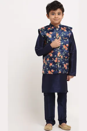 Kraft Boys Navy Blue Floral Printed Dupion Silk Kurta with Churidar & Nehru Jacket