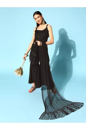Ahalyaa Geometric Crepe Top to Toe Fusion Kurta Set