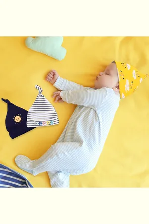 Baby Moo Unisex Kids Set Of 3 Yellow & Blue Printed Beanie Caps