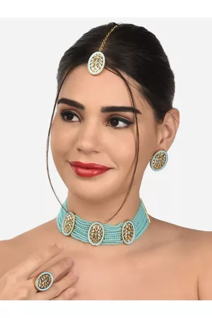Zaveri Pearls Gold-Plated Turquoise Blue & White Stone-Studded & Beaded Jewellery Set