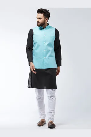 SOJANYA Men Black & Turquoise Blue Solid Kurta And Churidar With Jacket