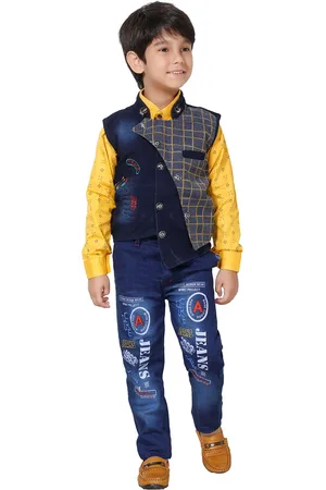 DKGF FASHION Boys Yellow & Navy Blue Printed 3 Piece Suit