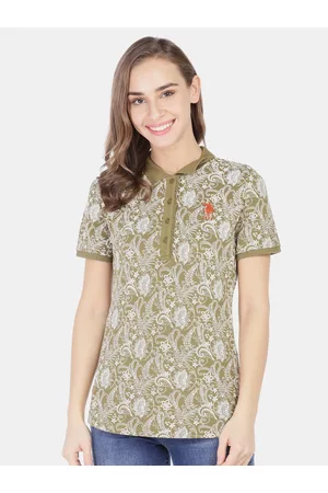 U.S. Polo Assn. Women Green Floral Printed Polo Collar T-shirt