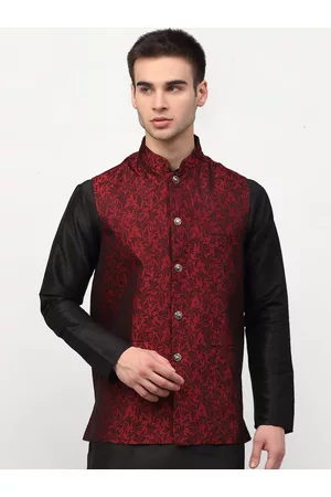 Jompers Men Maroon & Black Ethnic Woven-Design Nehru Jacket