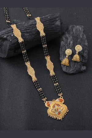 Brandsoon Gold-Plated Black Beaded Mangalsutra WIth Earrings