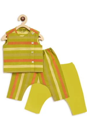 Tiber Taber Infant Boys Lime Green & Orange Striped Printed Pure Cotton Top & Pyjamas