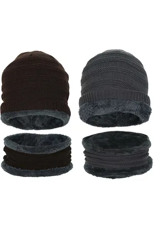 FabSeasons Unisex Brown & Grey Set of 2 Beanie and Mufflers