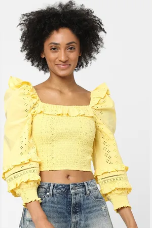 ONLY Women Yellow Self Design Cotton Blend Crop Top