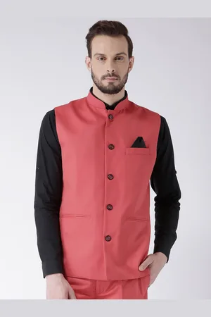Hangup Men Coral Red Solid Nehru Jacket
