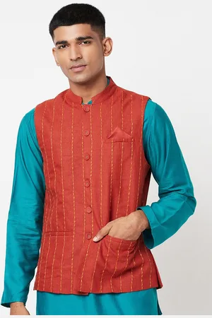 Fabindia Men Red Dobby Woven Design Nehru Jacket