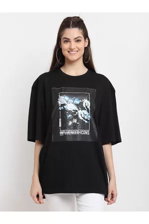 DOOR74 Women Black Graphic Printed Loose T-shirt