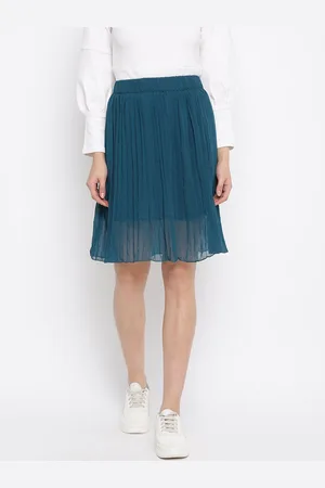 Mayra Women Teal Pleated Knee-Length Skirt