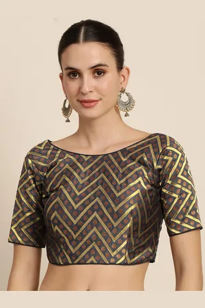 Mimosa Women Charcoal Grey & Golden Woven Design Readymade Saree Blouse