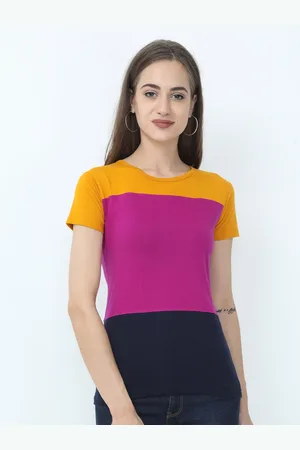 Fleximaa Women Pink & Navy Blue Colourblocked T-shirt