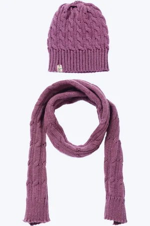 Bharatasya Unisex Kids Purple Self Design Winter Beanie Cap and Muffler Set