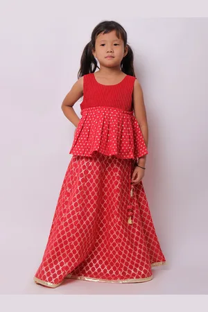 My Little Lambs Girls Red & Gold-Toned Ready to Wear Lehenga &