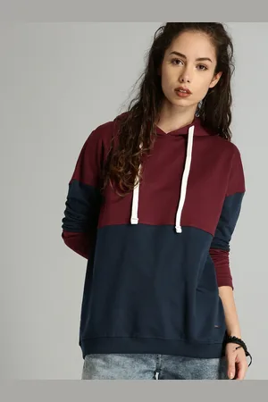 Roadster Women Maroon & Navy Blue Colourblocked Hooded Sweatshirt