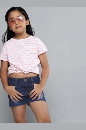 YK Girls Navy Blue Washed Regular Fit Distressed Denim Shorts