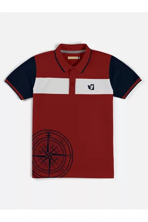 HELLCAT Boys Maroon & White Colourblocked Polo Collar Bio Finish T-shirt