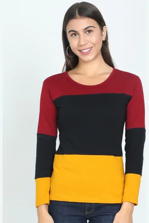 Fleximaa Women Red & Black Colourblocked Cotton T-shirt