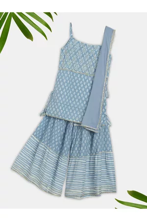 Ka-mee Girls Blue Ethnic Motifs Printed Pure Cotton Kurti with Palazzos & Dupatta