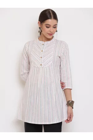 Janasya Women White Striped A-Line Pure Cotton Top