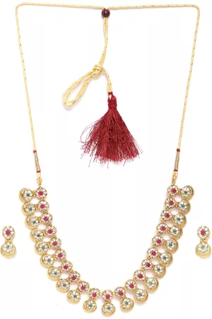 Zaveri Pearls Green & Pink Gold-Plated Stone-Studded Jewellery Set
