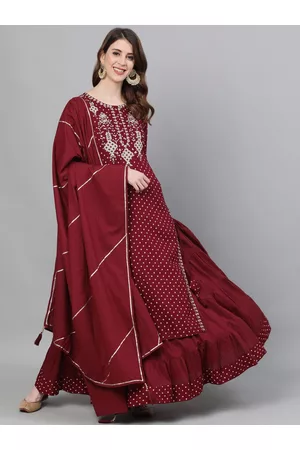 Ishin Women Maroon Bandhani Embroidered Kurta with Skirt & Dupatta