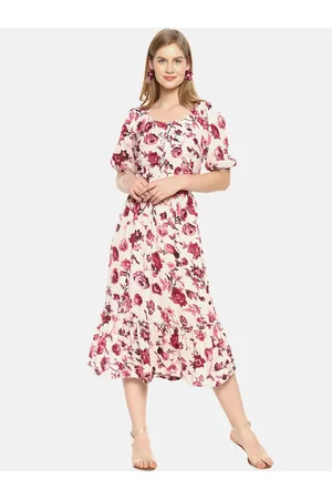 Campus Women Pink Floral Print A-Line Midi Dress